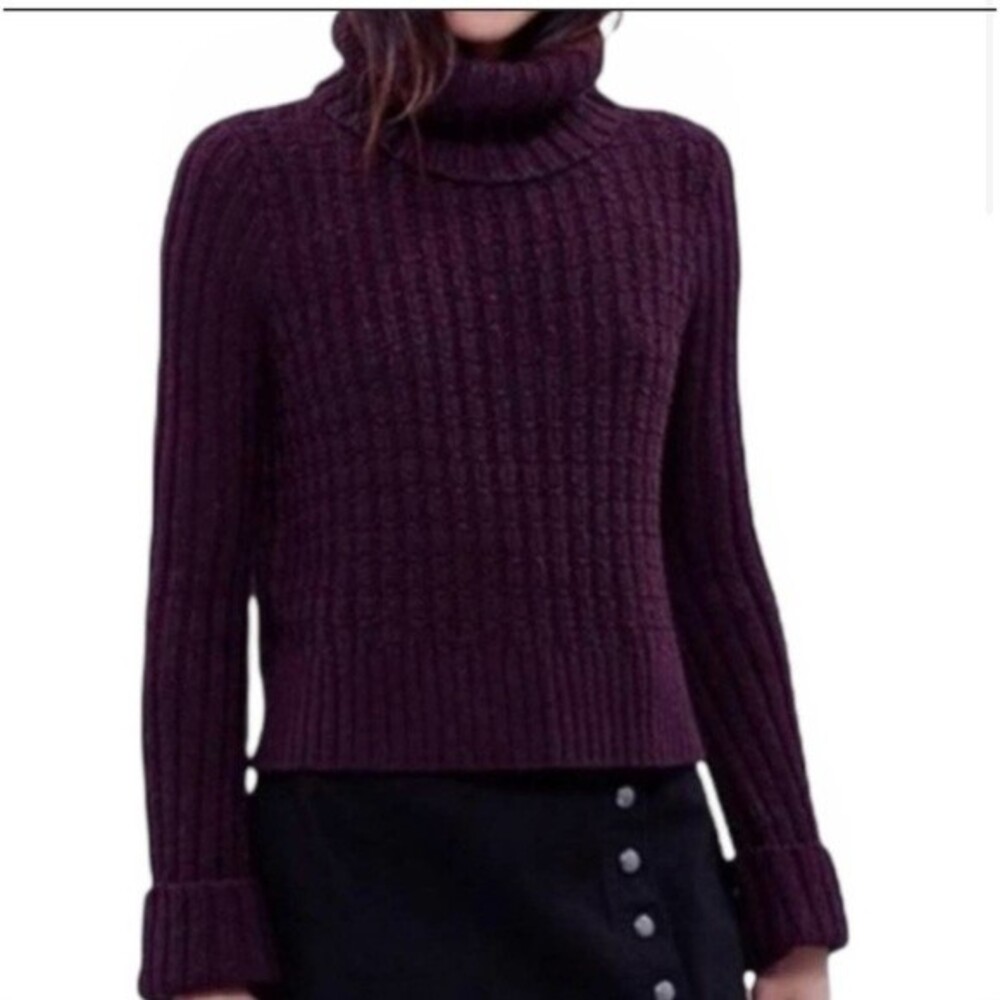 Free People Marled Twisted Cable Knit Dark Purple Turtleneck Sweater